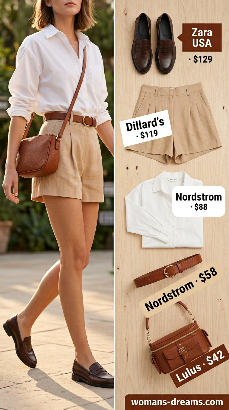 Neutral summer old money outfit 2026: Tan linen shorts, white button-down, brown loafers for a polished casual lunch.