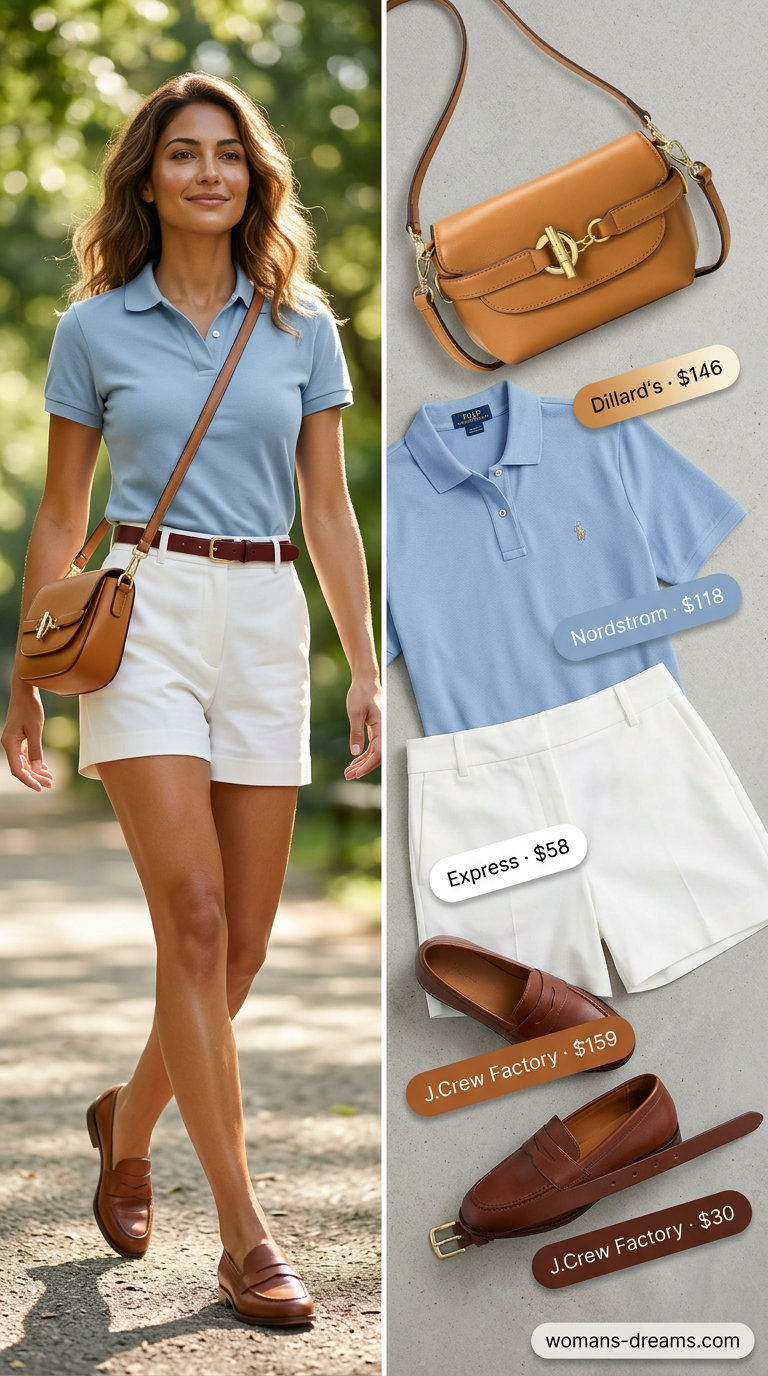 Neutral summer old money outfit for women 2026: White shorts, light blue polo, brown loafers, tan crossbody bag.