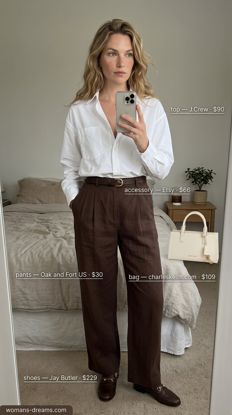 Neutral summer old money outfit for women 2026: Chocolate pants, white shirt, cream bag, brown loafers.