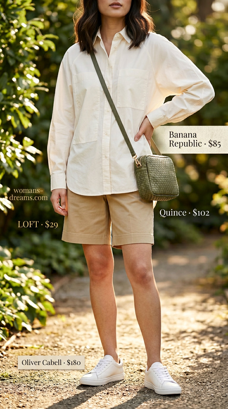 Neutral summer old money outfit for women 2026: Khaki Bermuda shorts, cream shirt, and white sneakers for a weekend stroll.