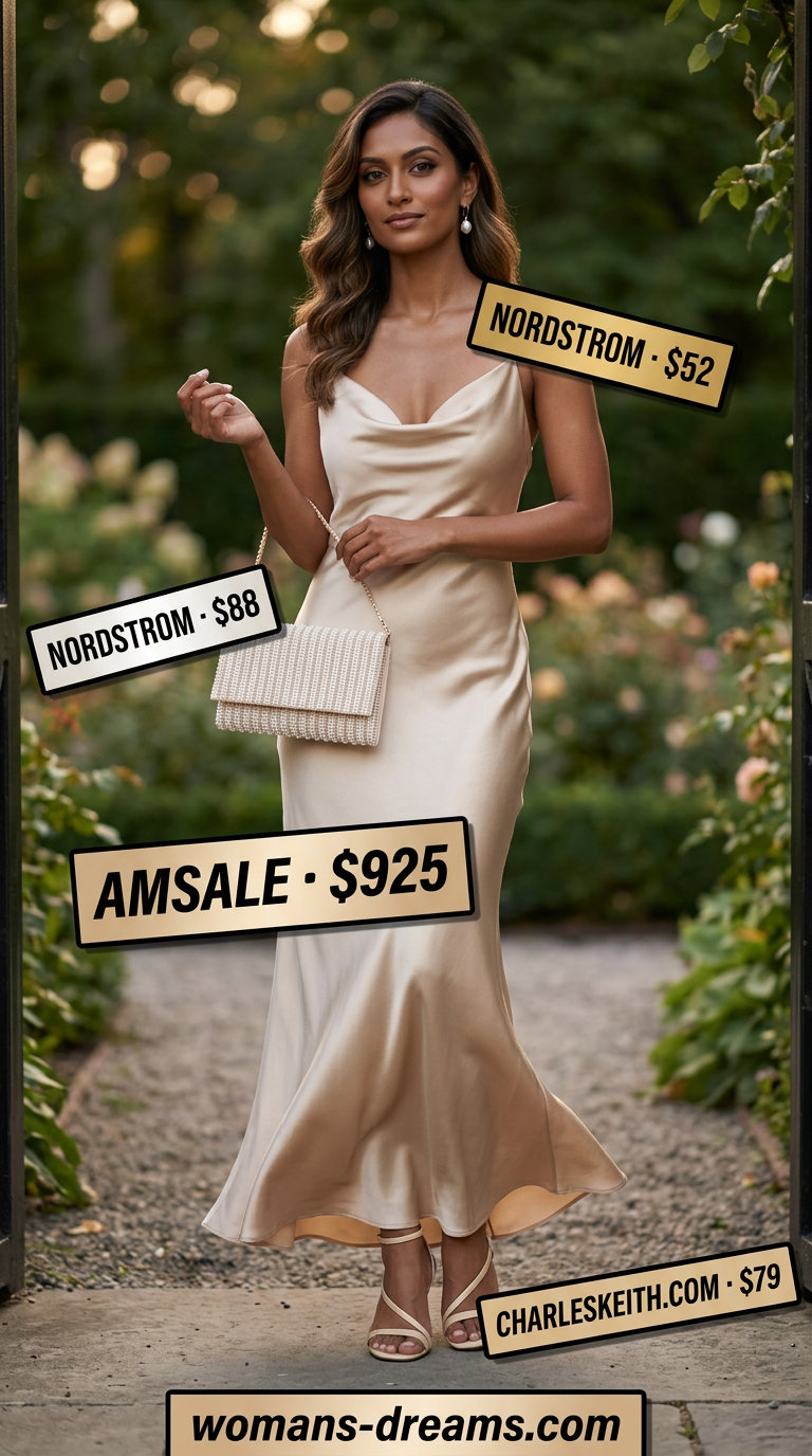 Neutral summer old money outfit for women 2026: Champagne silk slip dress, pearl clutch, and strappy sandals for an evening soiree.