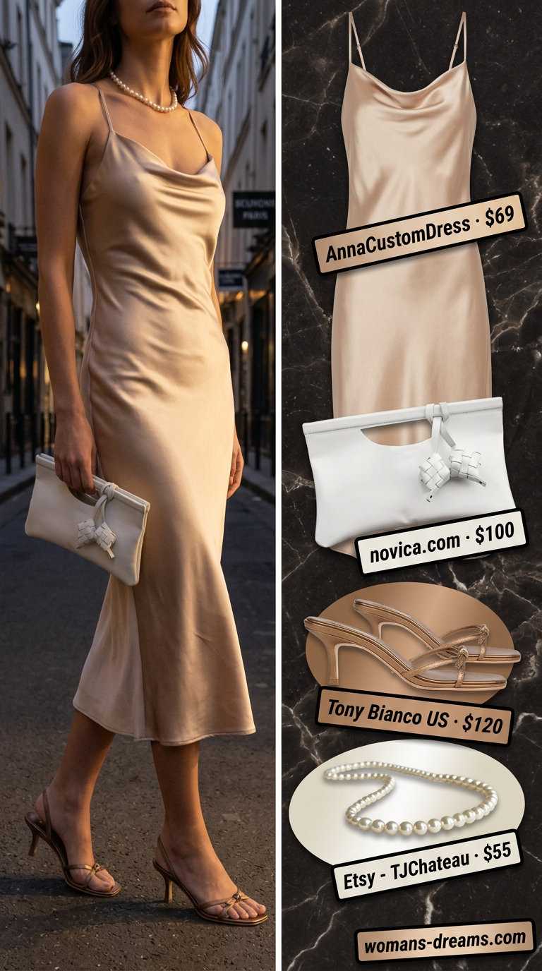 Neutral summer old money outfit 2026: Champagne slip dress, pearl necklace, bronze sandals for an elegant evening.