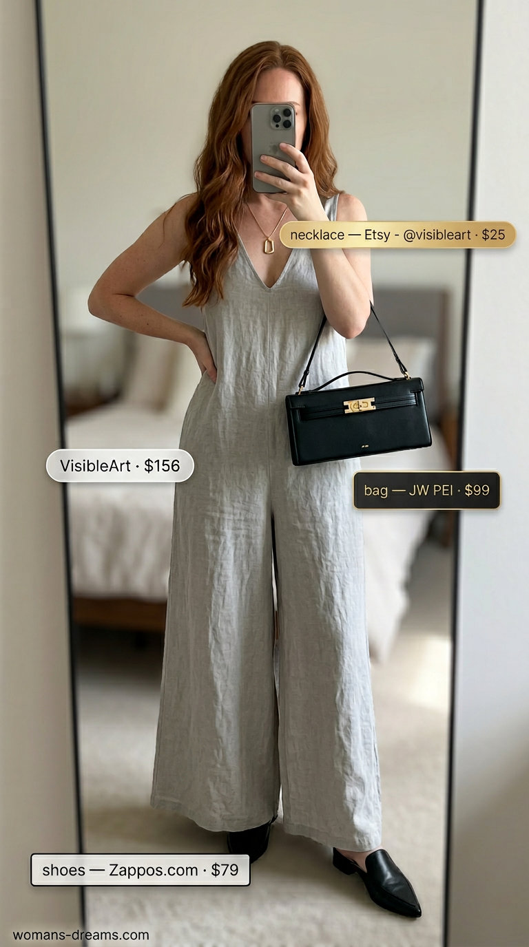 Neutral summer old money outfit for women 2026: Light grey jumpsuit, black mules, gold pendant, black mini bag.
