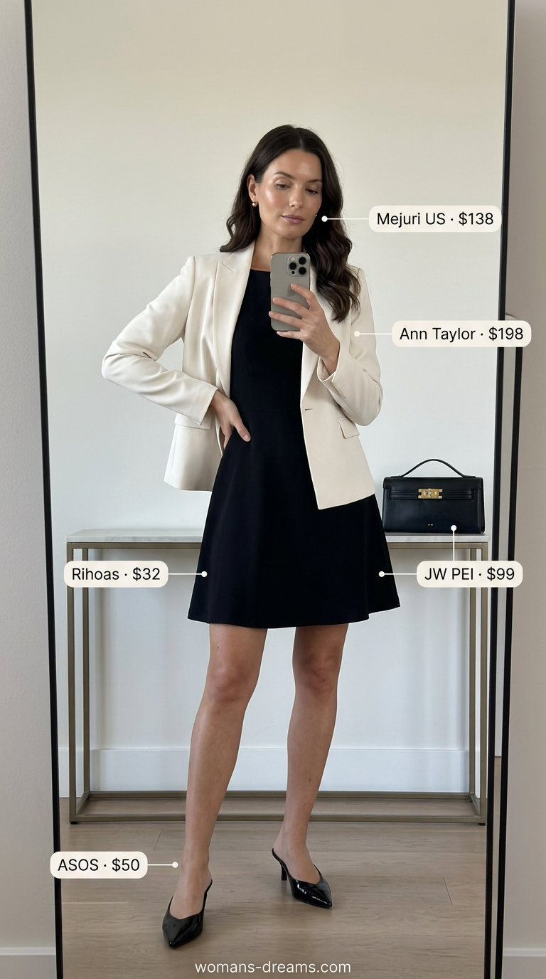 Neutral summer old money outfit for women 2026: Black A-line dress, cream blazer, and black mules for a gallery opening.