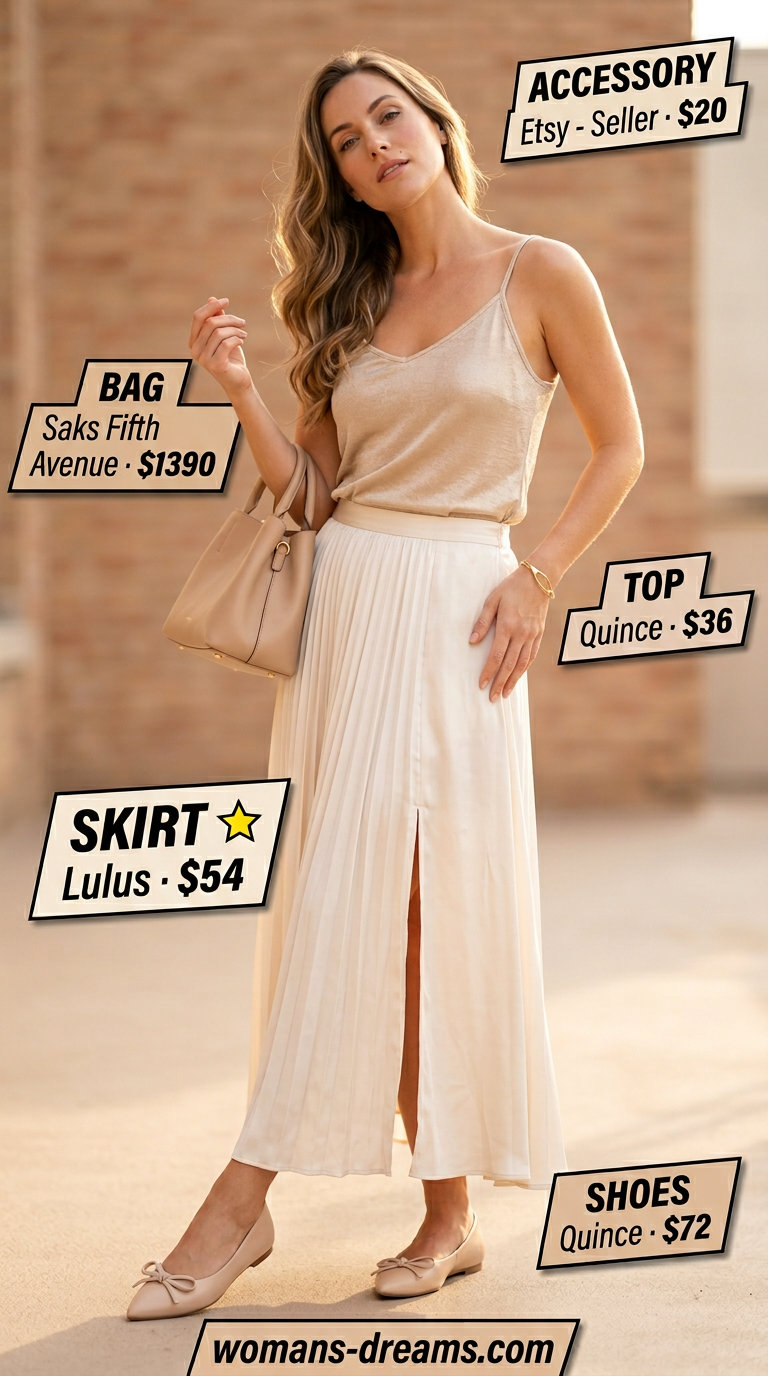 Neutral summer old money outfit 2026: Ivory pleated midi skirt, camel knit top, nude flats for a garden tea party.