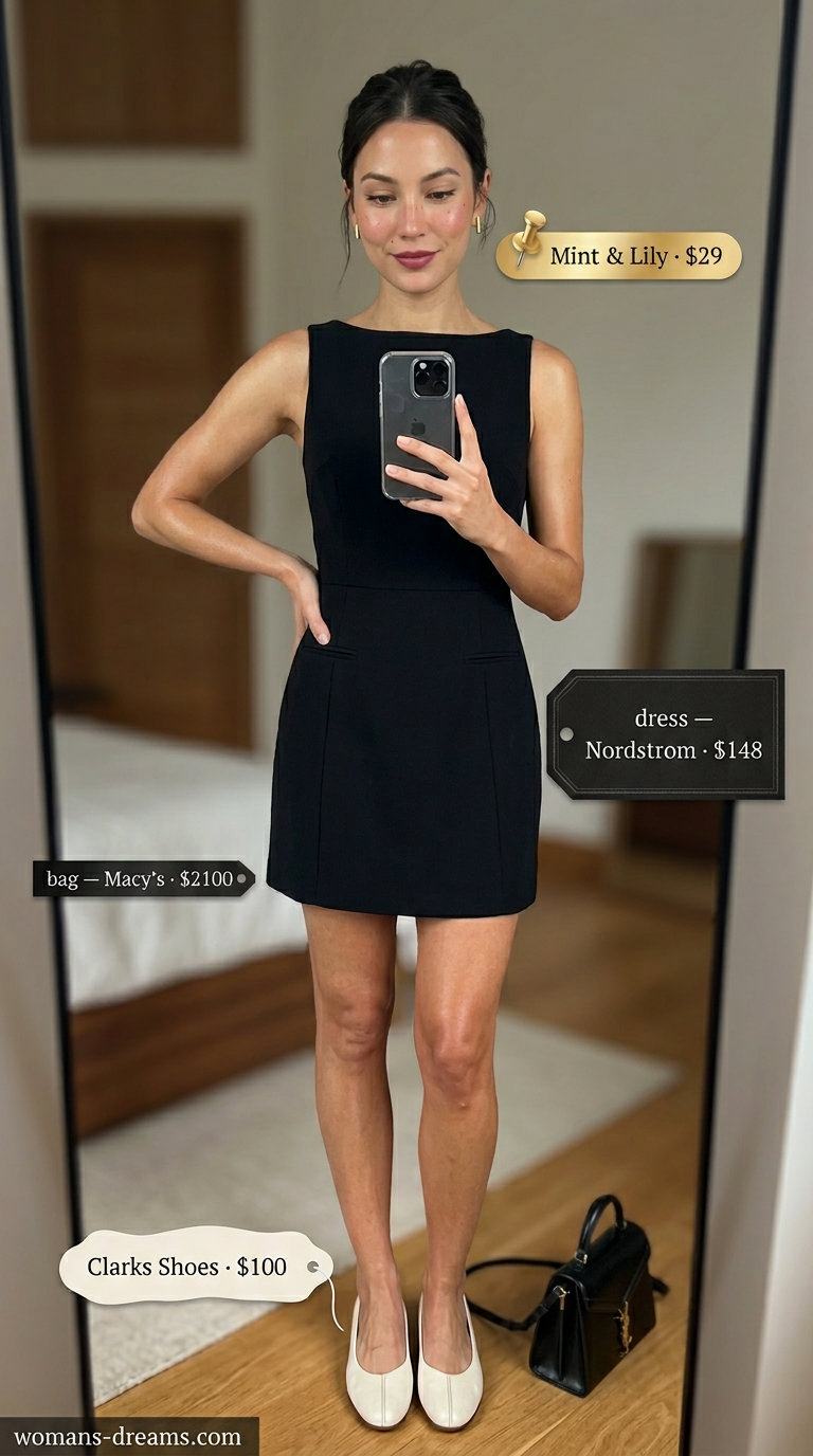 Neutral summer old money outfit for women 2026: Black mini dress, cream flats, gold studs, black top-handle bag.