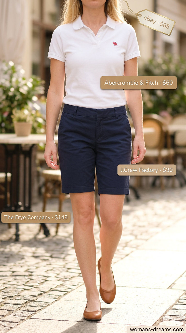 Neutral summer old money outfit 2026: Navy shorts, white polo, tan flats for a sporty Hamptons look.