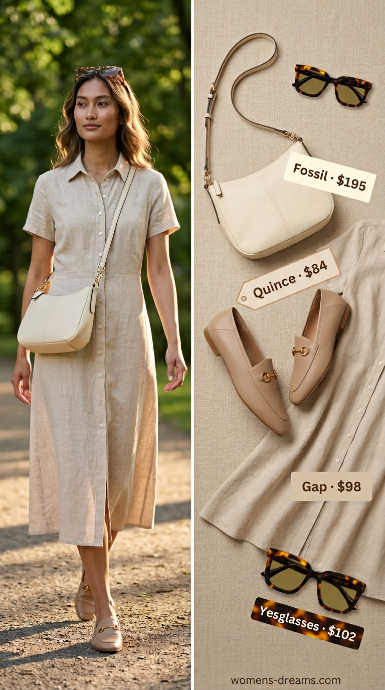 Neutral summer old money outfit for women 2026: Beige linen midi dress, tan loafers, and structured shoulder bag for a casual lunch.