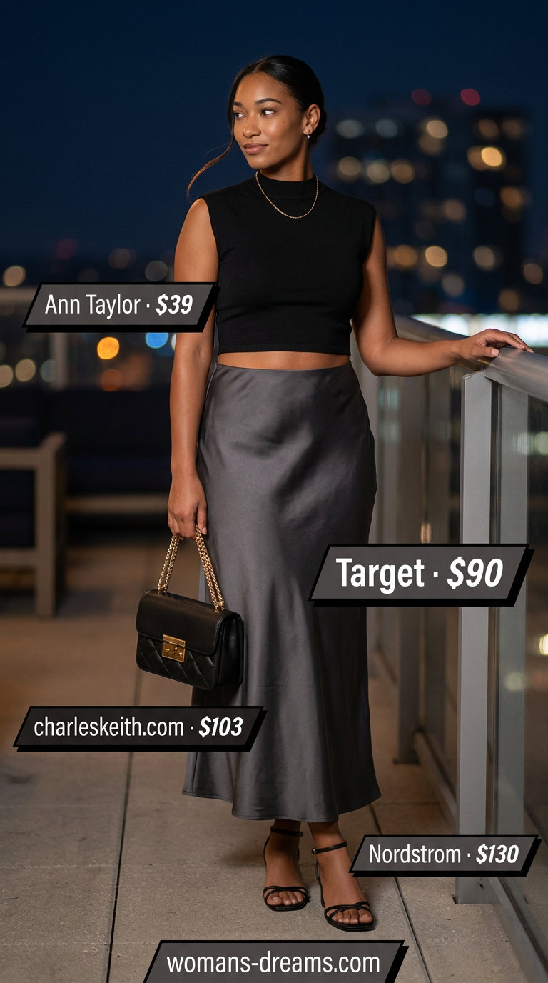 Neutral summer old money outfit 2026: Charcoal maxi skirt, black knit top, silver earrings for a sophisticated evening.