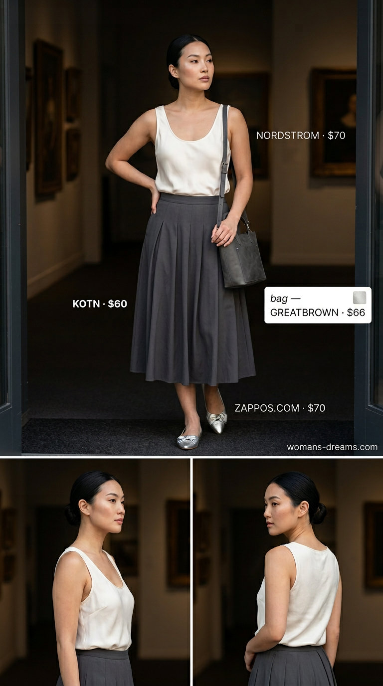 Neutral summer old money outfit for women 2026: Charcoal skirt, off-white cami, silver earrings, grey ballet flats.