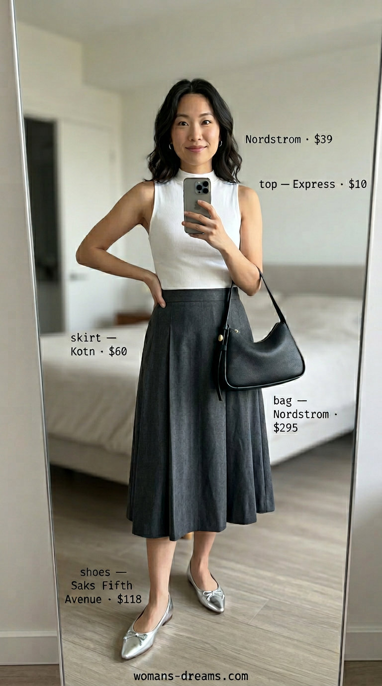 Neutral summer old money outfit for women 2026: Charcoal skirt, white knit top, silver hoops, black shoulder bag.