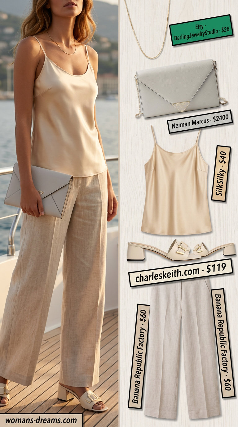 Neutral summer old money outfit 2026: Cream linen trousers, champagne camisole, nude mules for a sophisticated resort look.