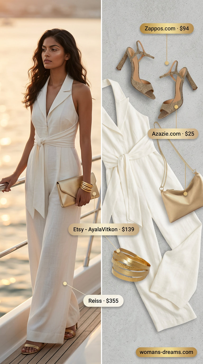 Neutral summer old money outfit for women 2026: Ivory jumpsuit, bronze sandals, gold bangles, champagne clutch.