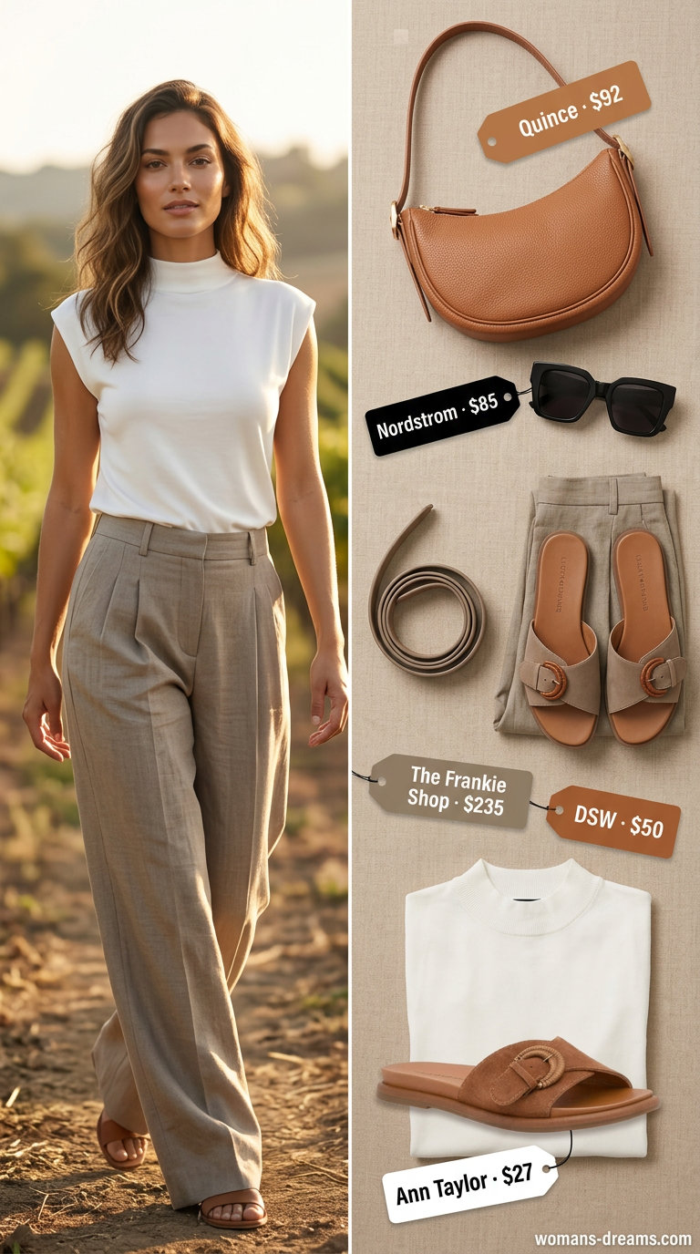 Neutral summer old money outfit for women 2026: Taupe trousers, white knit top, and cognac accessories for a vineyard tour.