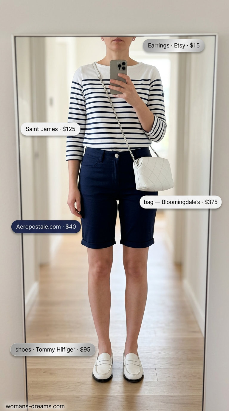 Neutral summer old money outfit 2026: Navy Bermuda shorts, Breton stripe top, white loafers for a refined yacht club look.