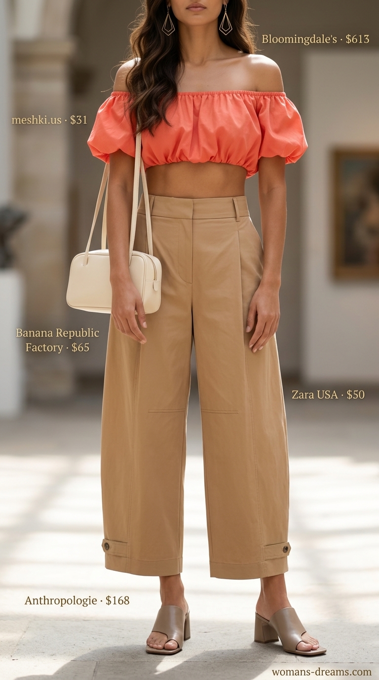 Coral off shoulder puff-sleeve blouse 2026 with culottes for an art walk.