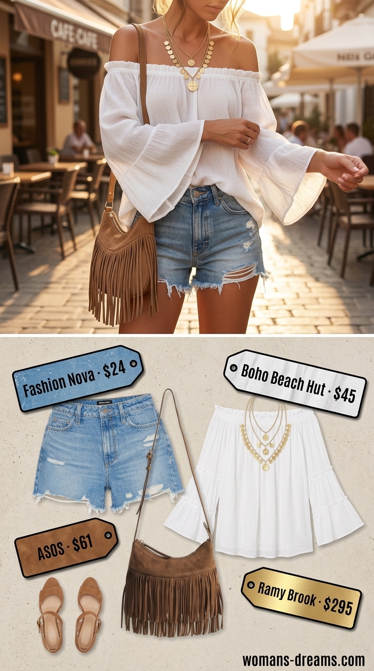 White off shoulder peasant blouse 2026 with distressed denim shorts for boho festival vibes.