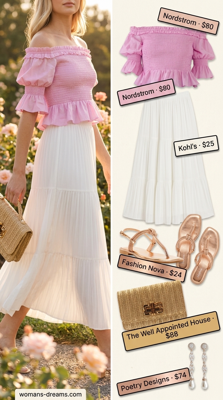 Blush pink floral off shoulder summer blouse 2026 with cream maxi skirt for a garden party.