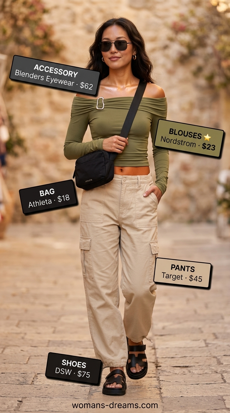 Olive green off shoulder utility blouse 2026 with cargo pants for modern safari.