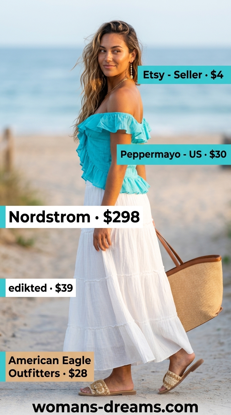 Turquoise off shoulder ruched crop blouse 2026 with white maxi skirt for a tropical escape.