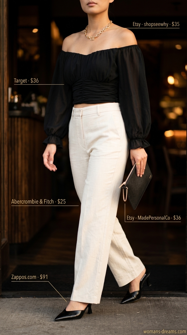 Black off-shoulder puff sleeve blouse with wide-leg trousers for date night 2026.