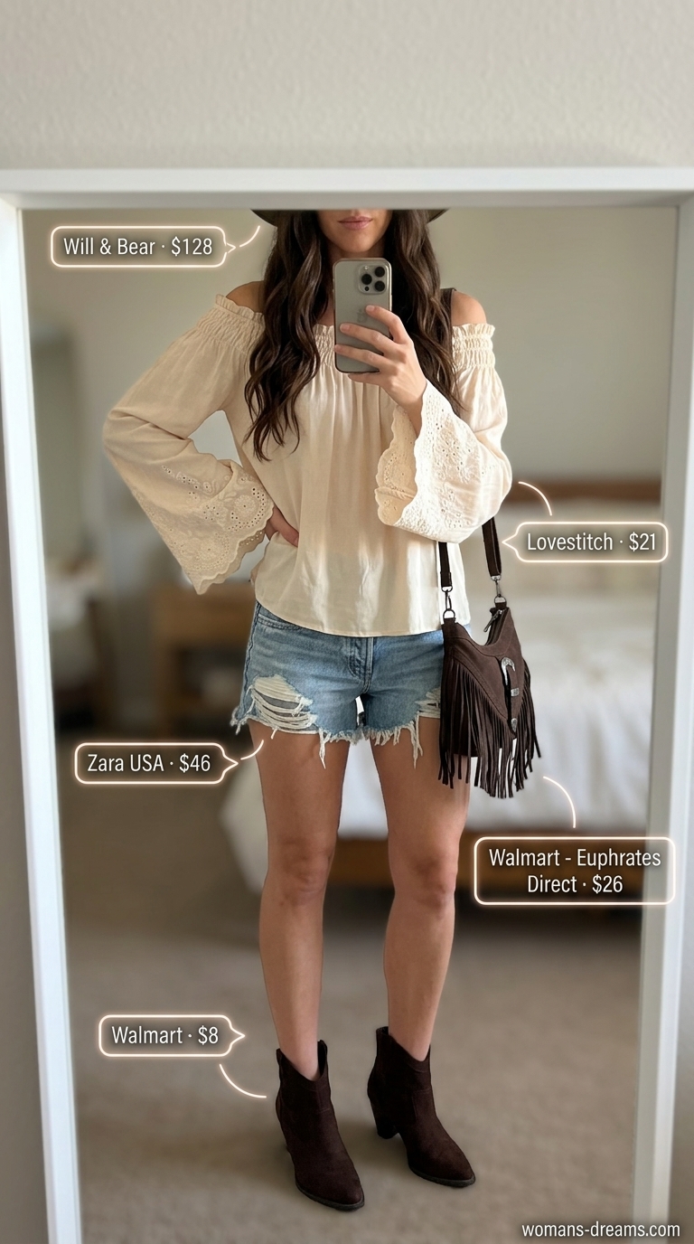 Cream off shoulder peasant blouse 2026 with distressed denim shorts for a boho festival outfit.