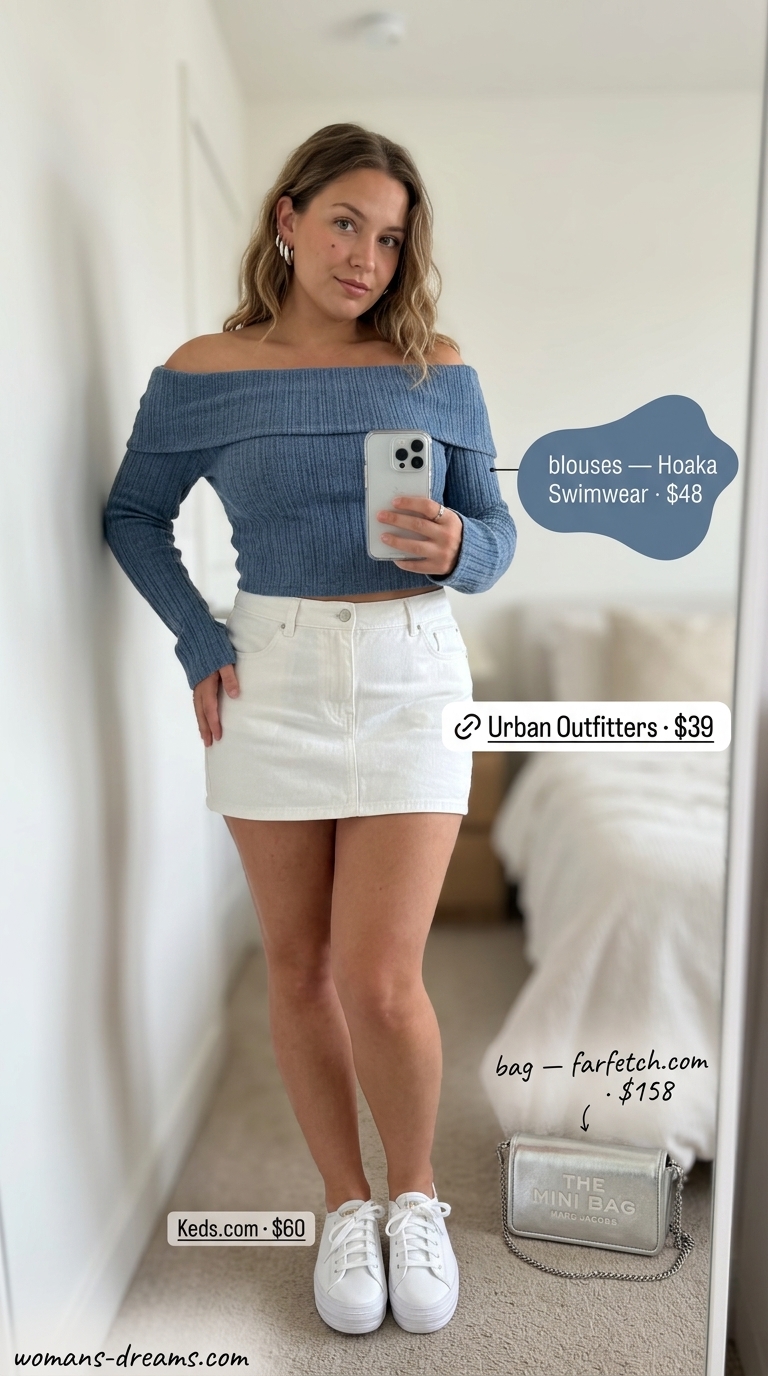 Light wash denim off-shoulder blouse with white denim mini skirt for urban edge 2026.