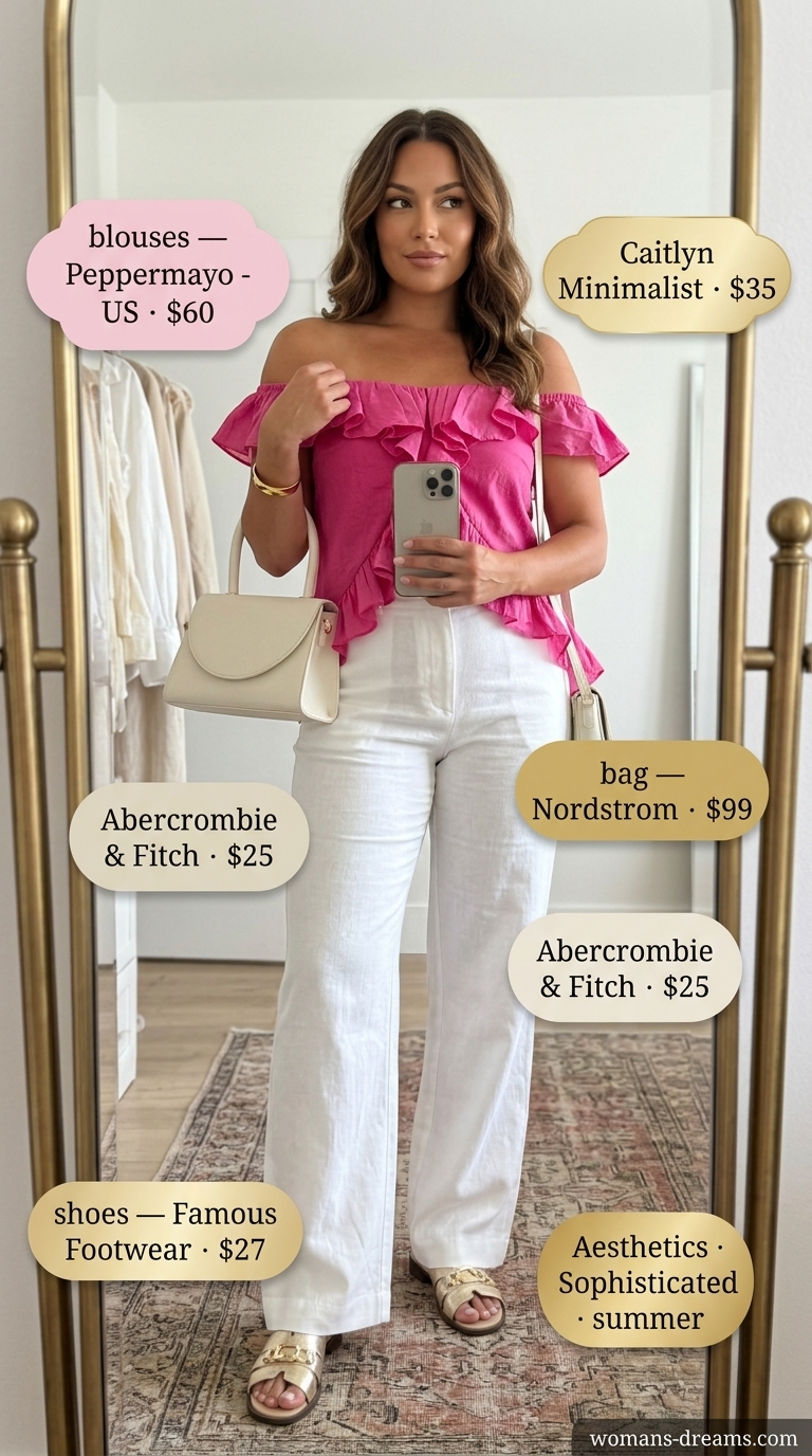 Fuchsia off shoulder blouse 2026 with wide-leg linen trousers for vibrant resort luxe.