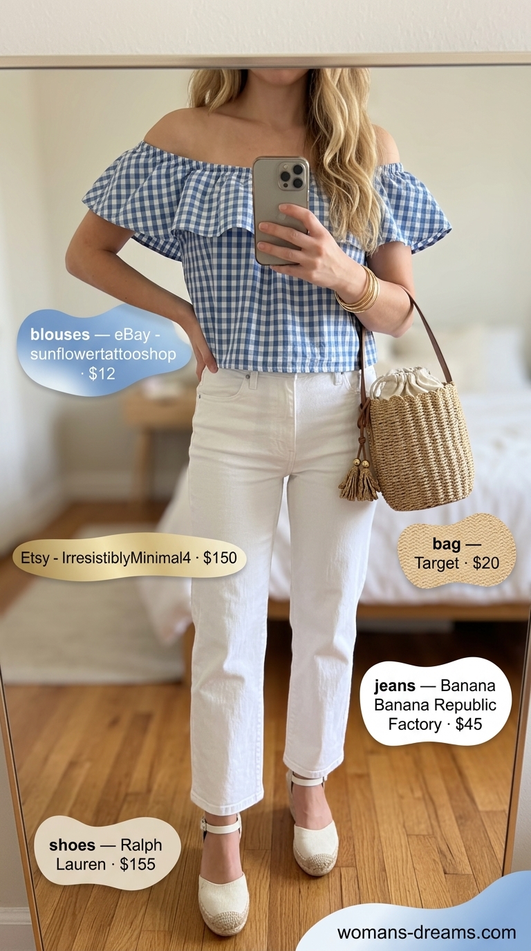 Blue gingham off-shoulder peplum blouse with white jeans for picnic 2026.