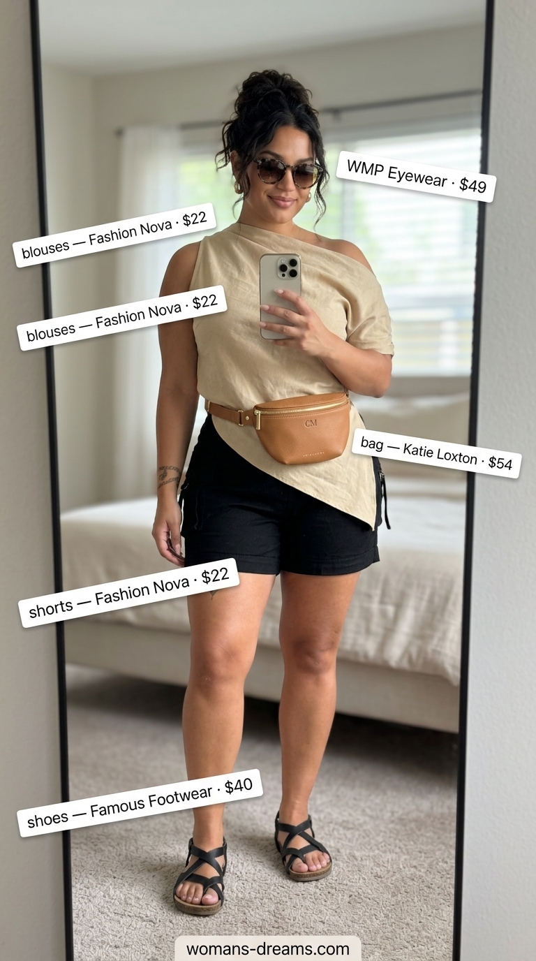 Khaki off-shoulder tunic blouse with cargo shorts for desert safari chic 2026.