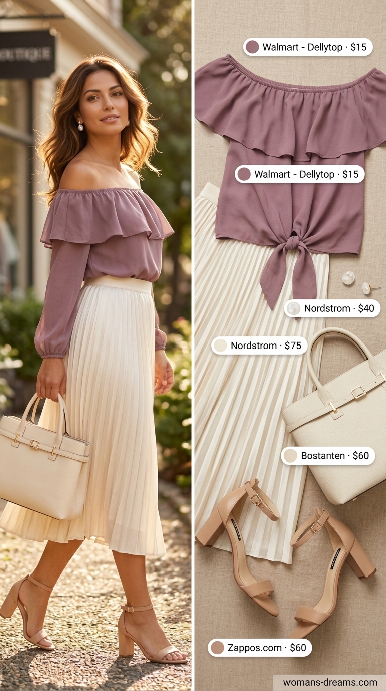 Lavender off shoulder blouse 2026 with pleated midi skirt for a garden party outfit.