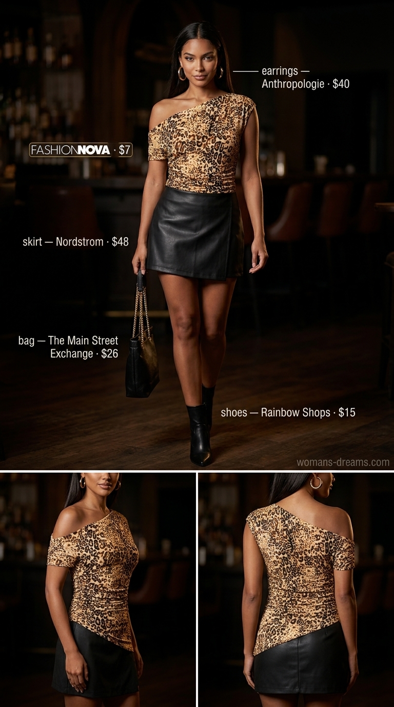 Leopard print off shoulder blouse 2026 with faux leather skirt for an edgy night out outfit.