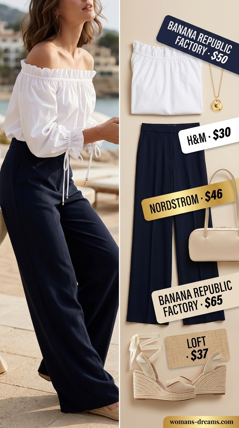 Navy wide-leg trousers with a cream off-shoulder linen blouse for Riviera brunch 2026.