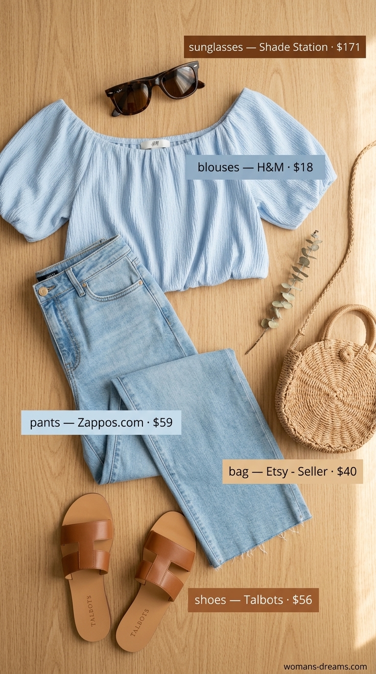 Sky blue off shoulder summer blouse 2026 with denim culottes, tan slides for a lakeside picnic outfit.