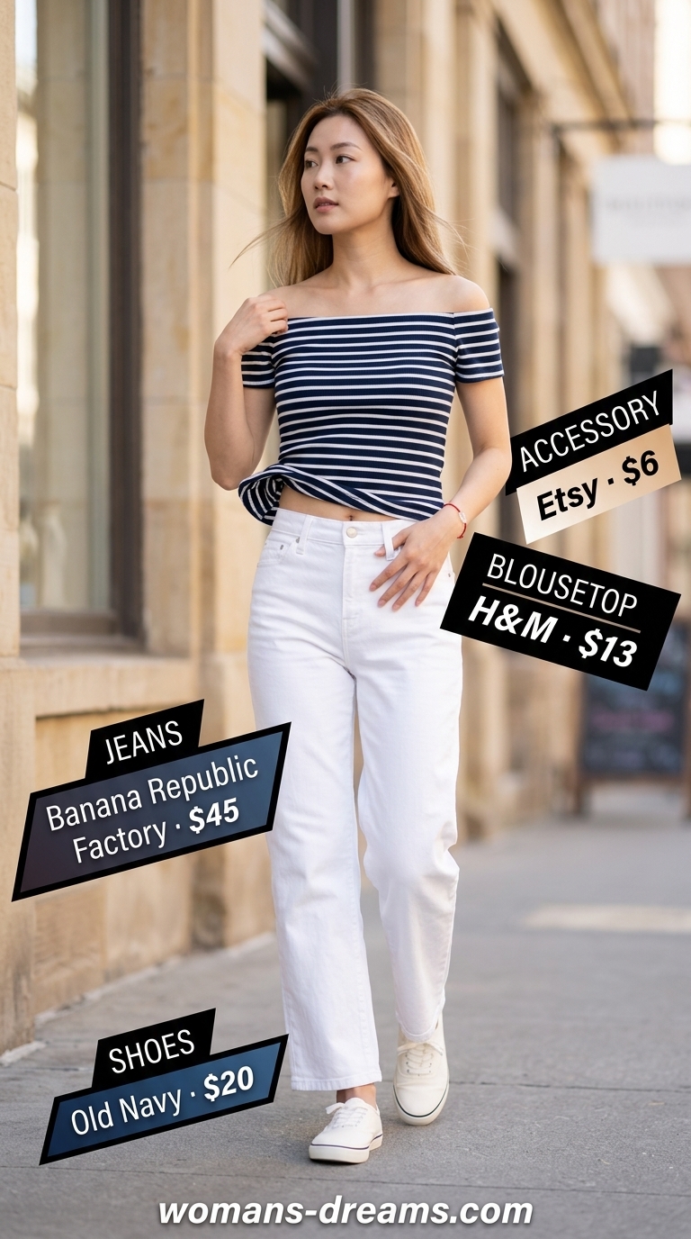 Striped off-shoulder blouse with white jeans for weekend getaway 2026.