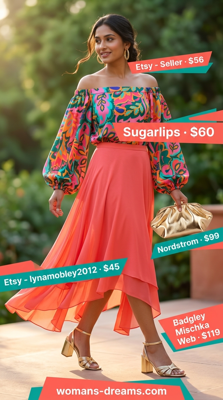 Teal floral off shoulder blouse 2026 with coral maxi skirt for a tropical soirée.