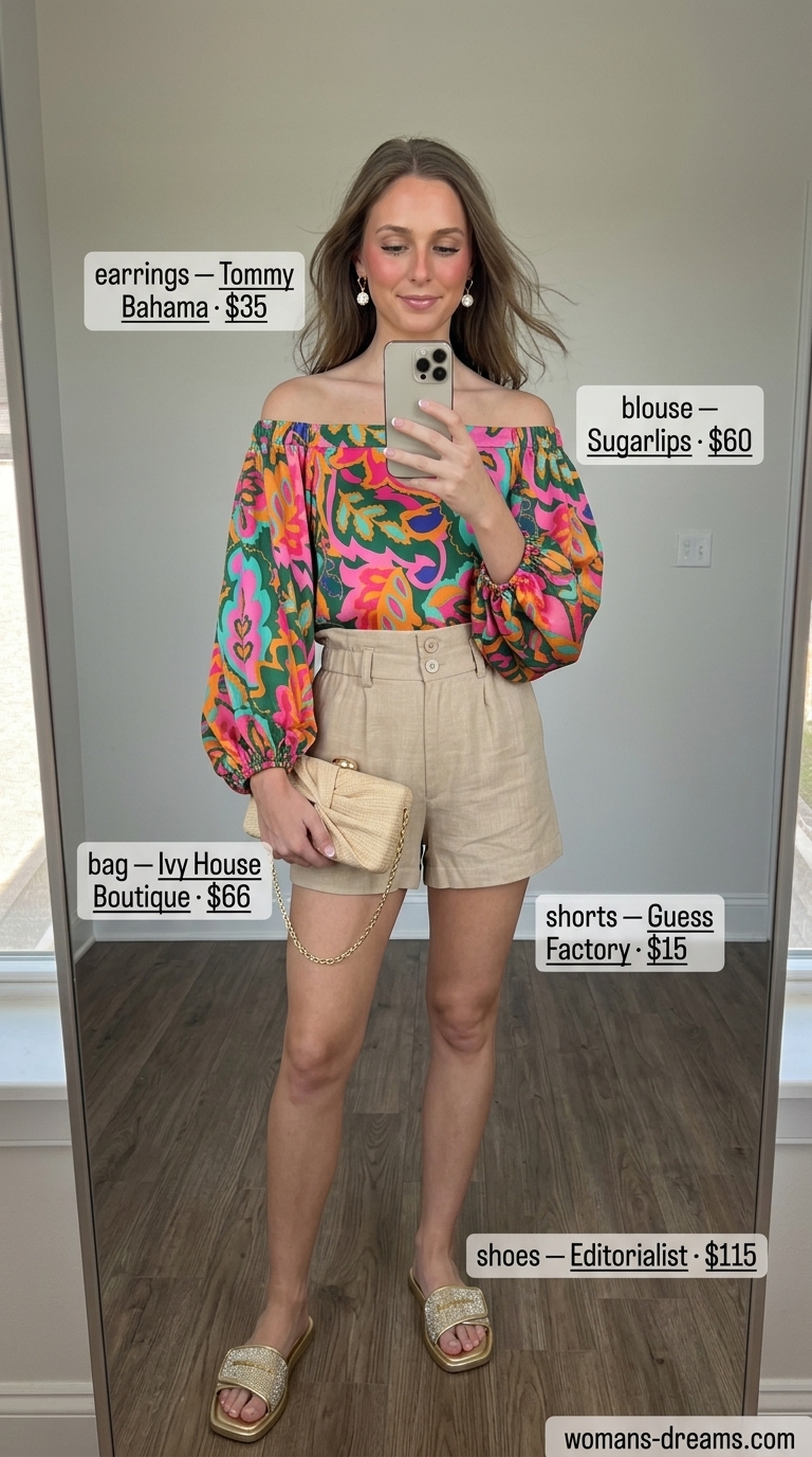 Teal tropical print off-shoulder blouse with linen shorts for resort vacation 2026.