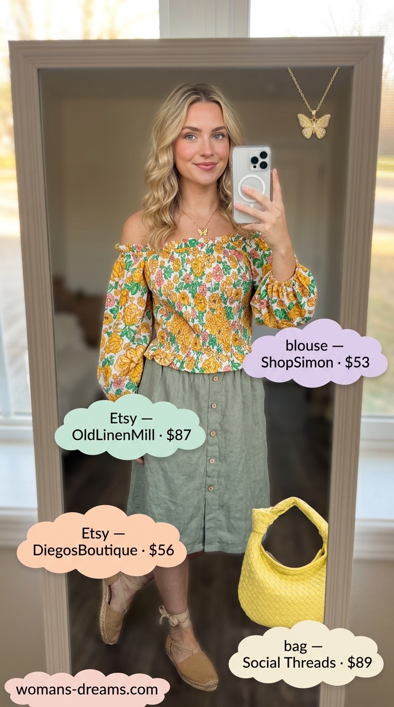 Yellow floral off-shoulder blouse with sage green midi skirt for garden stroll 2026.