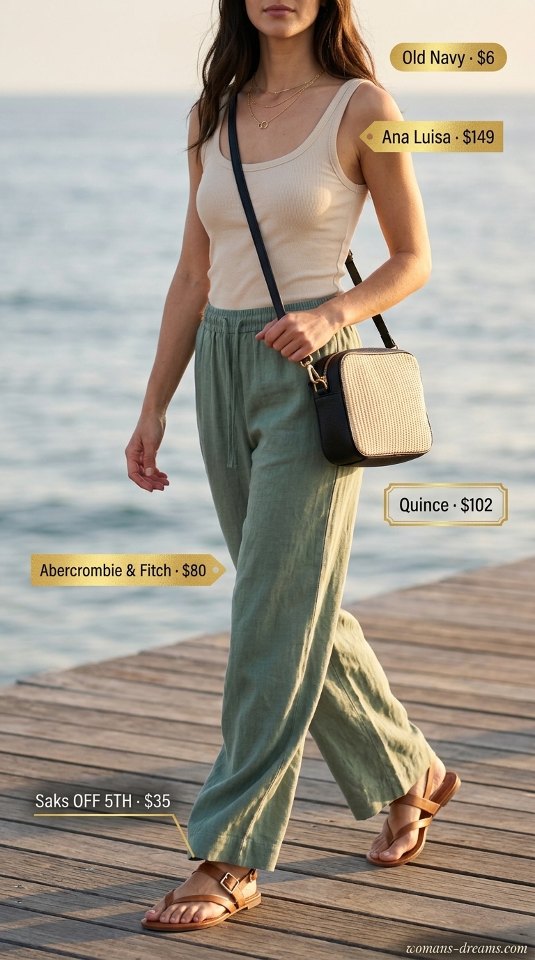 OOTD outfit inspo summer for women 2026: Sage green linen pants, cream tank, straw bag for boardwalk stroll.