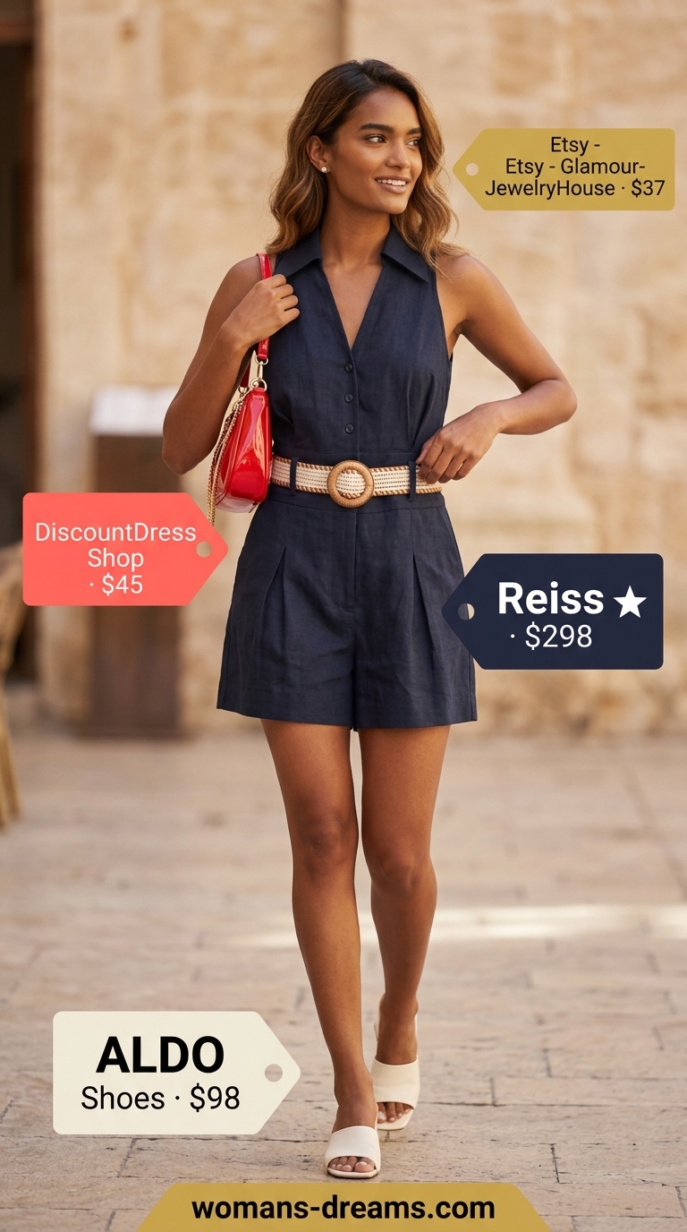 OOTD outfit inspo summer for women 2026: Polished brunch romper in navy blue with white mules and red shoulder bag.