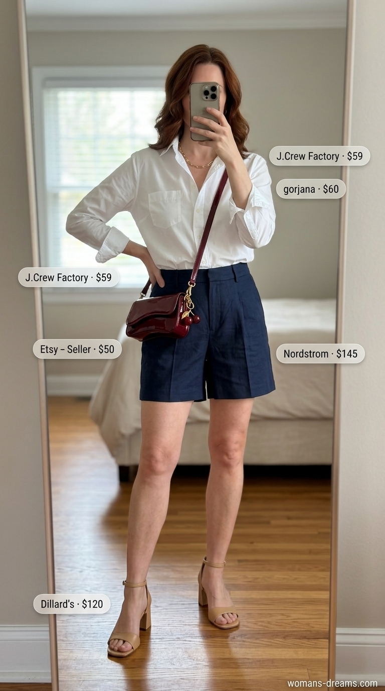 OOTD outfit inspo summer for women 2026: Navy shorts, white shirt, red crossbody bag, block heel sandals for city brunch.