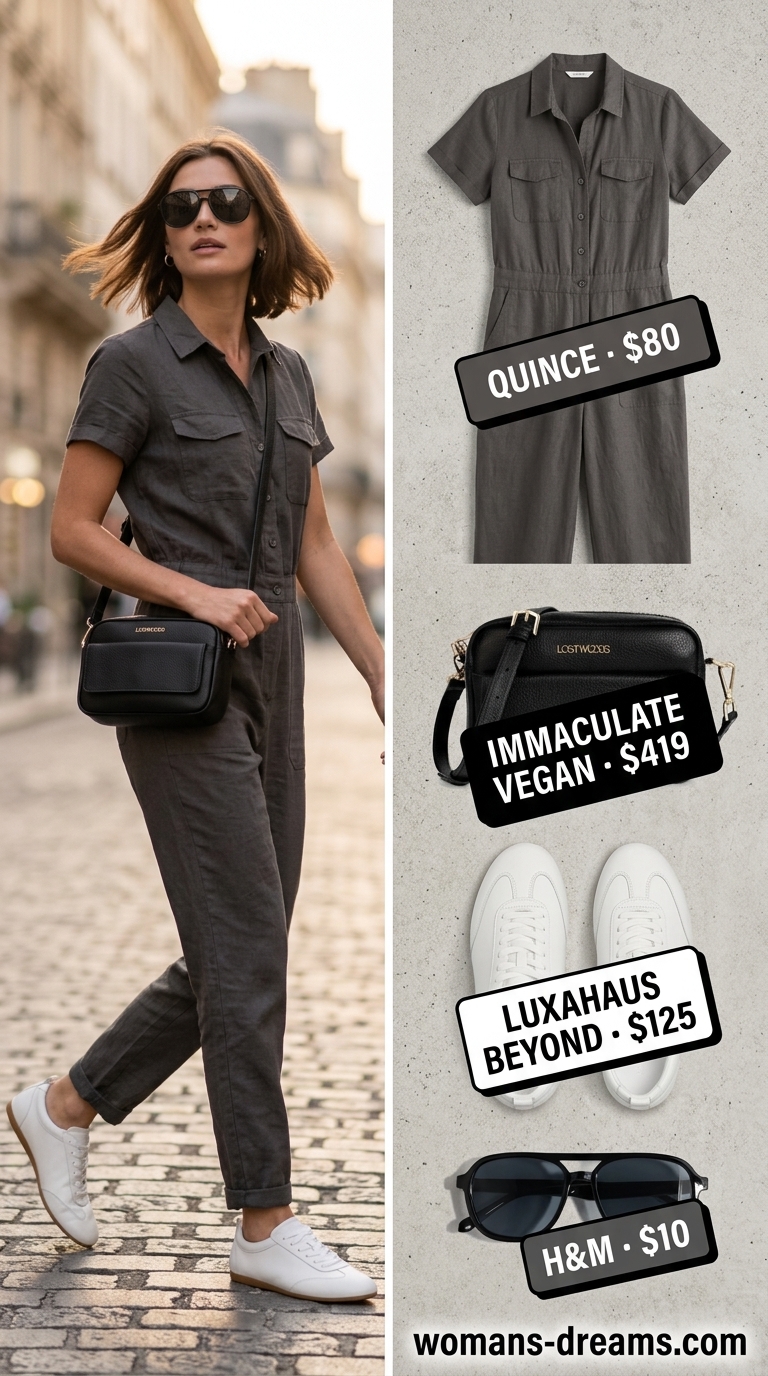 OOTD outfit inspo summer for women 2026: Khaki green utility jumpsuit, black sunglasses, crossbody bag, white sneakers for city exploration.