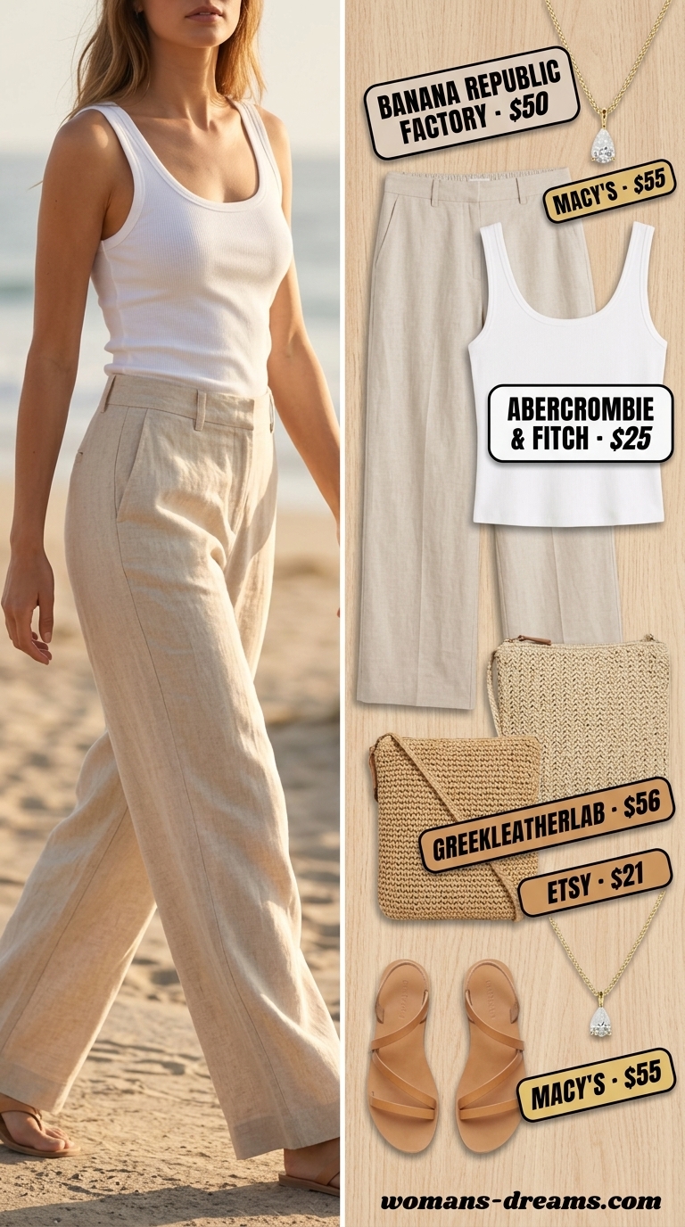 OOTD outfit inspo summer for women 2026: White tank, beige linen pants, straw crossbody bag, leather sandals for coastal brunch.