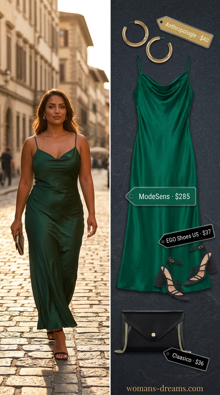 OOTD outfit inspo summer for women 2026: Emerald green slip dress, black sandals for date night.