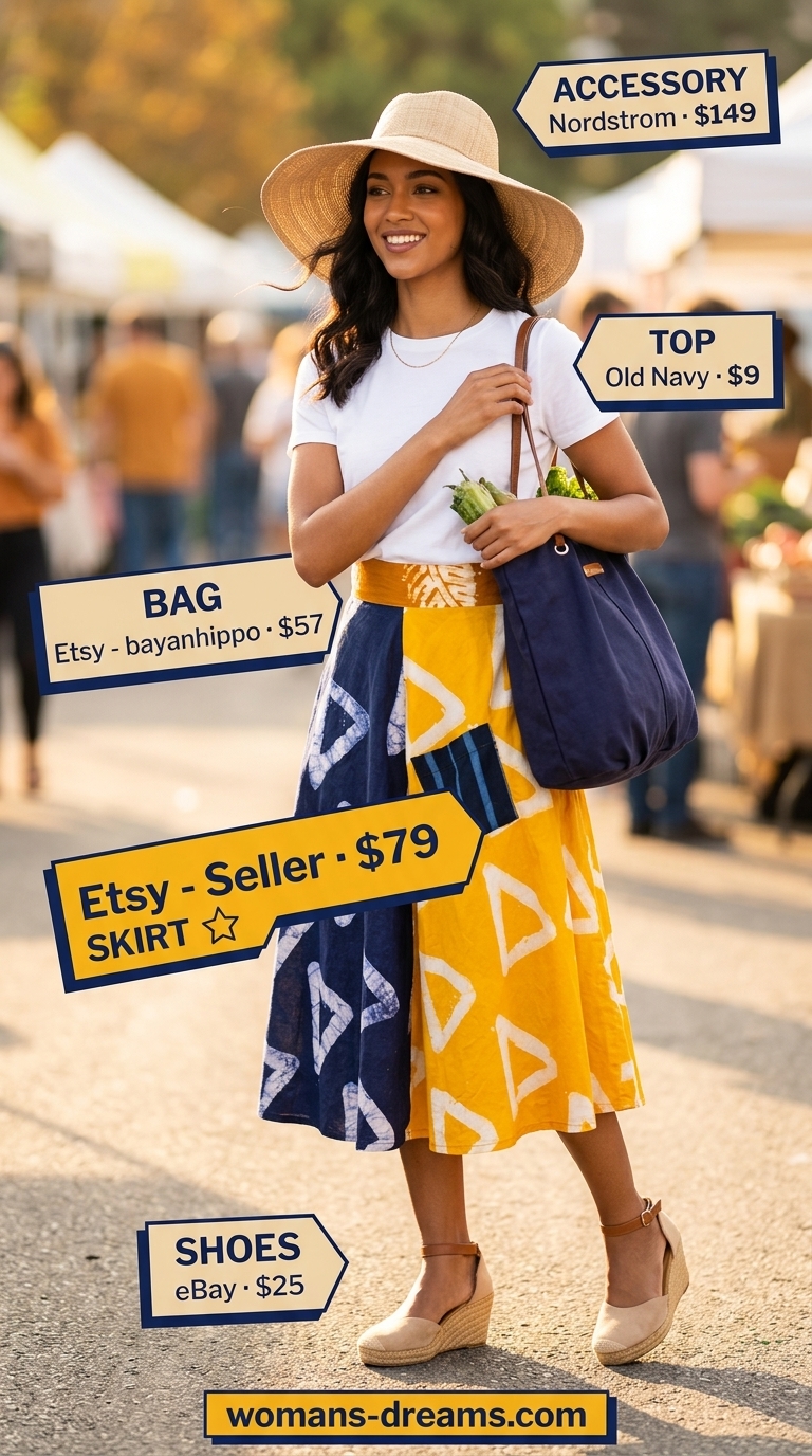 OOTD outfit inspo summer for women 2026: Cheerful farmers market skirt outfit with mustard yellow floral print and white tee.