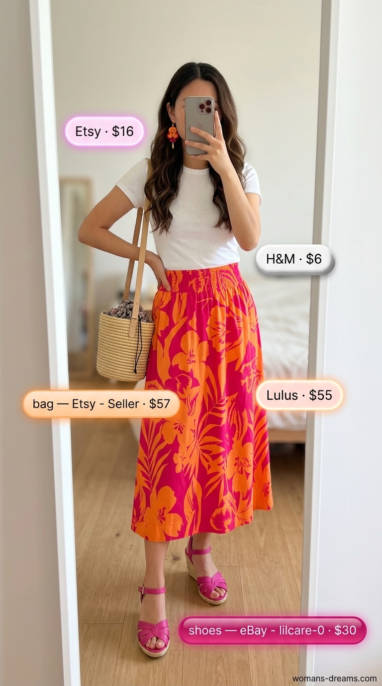 OOTD outfit inspo summer for women 2026: Floral midi skirt, white tee, straw bucket bag, espadrille sandals for farmers market fun.