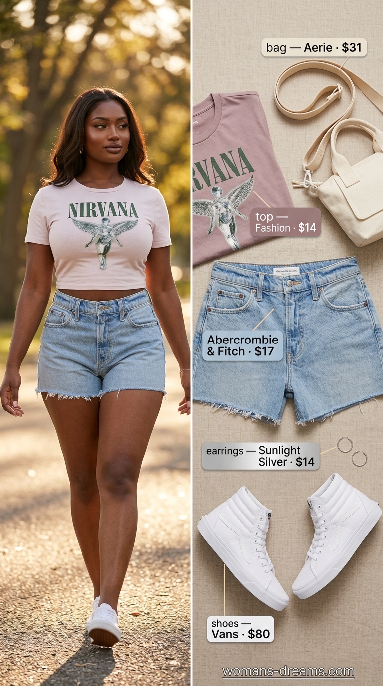 OOTD outfit inspo summer for women 2026: Denim shorts, pink tee, white shirt for festival fun.