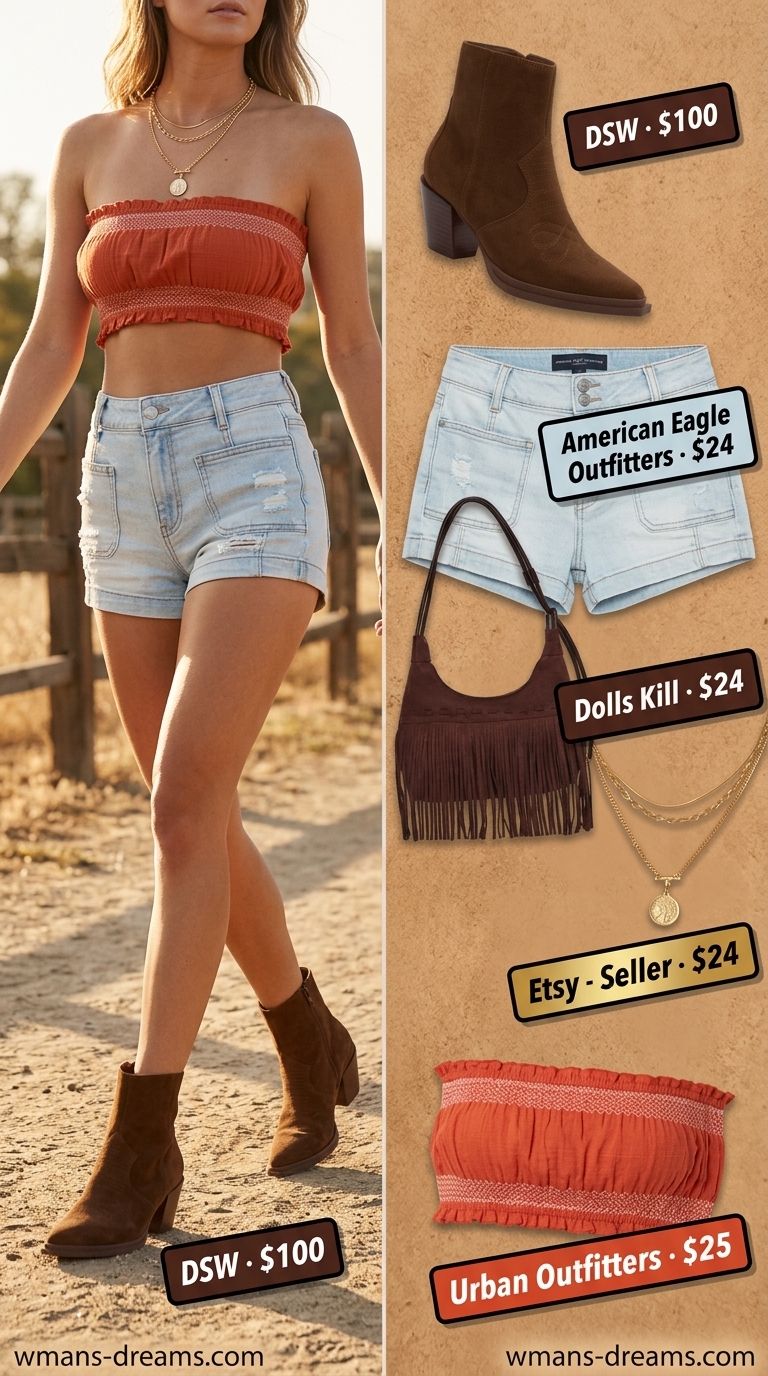 OOTD outfit inspo summer for women 2026: Rust orange tube top, distressed denim shorts, fringe bag, ankle boots for festival vibes.