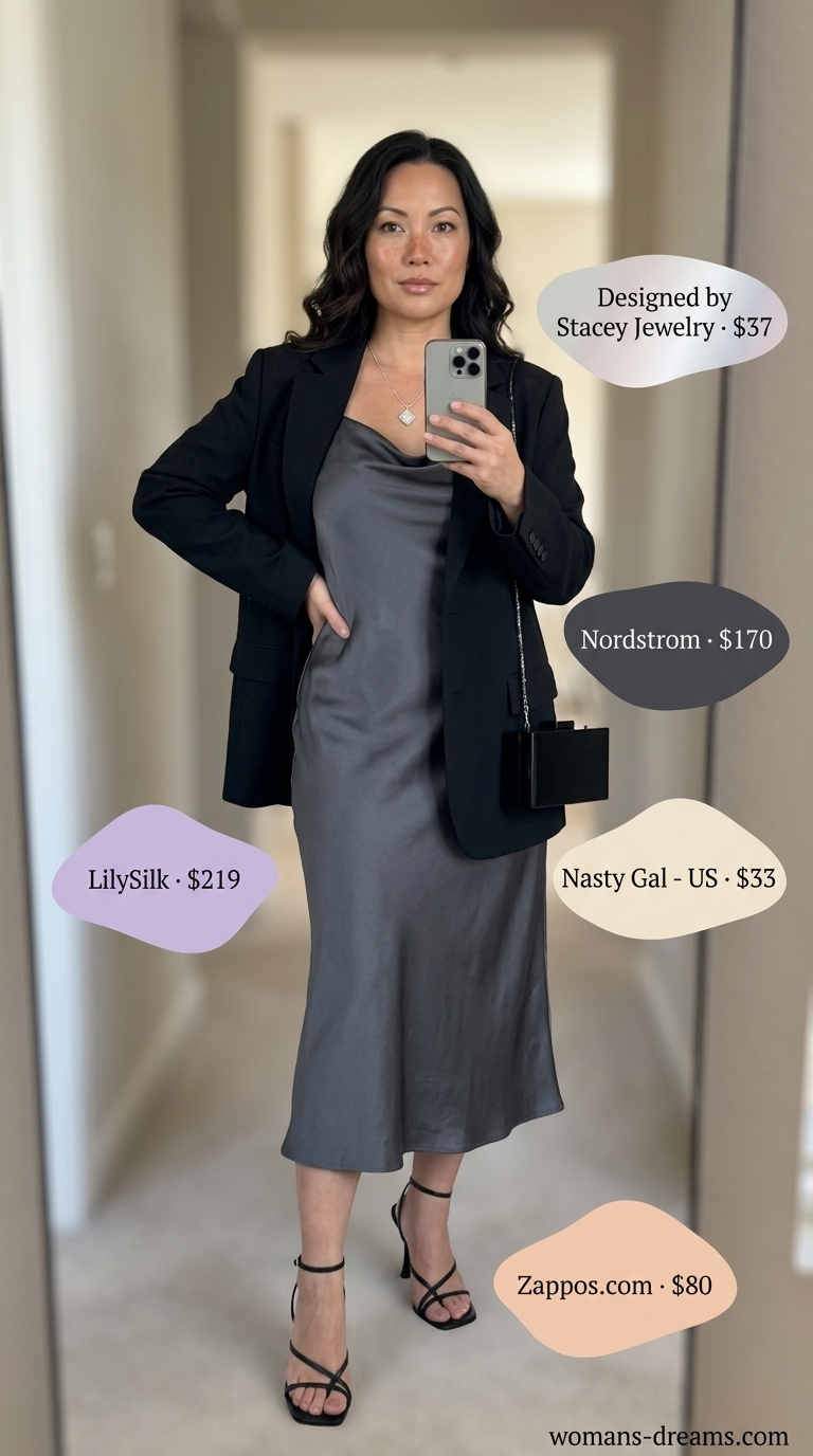 OOTD outfit inspo summer for women 2026: Chic gallery opening outfit with charcoal satin slip dress and oversized black blazer.