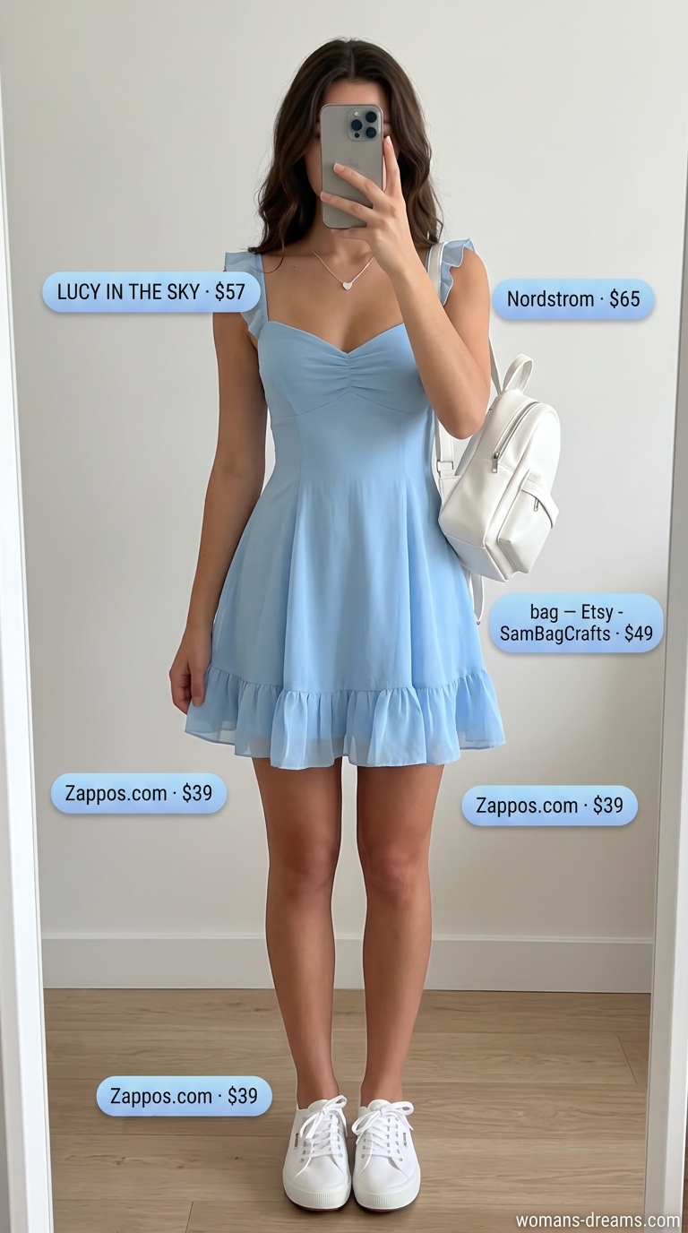 OOTD outfit inspo summer for women 2026: Youthful lakeside picnic date with pastel blue A-line dress, white sneakers, and mini backpack.